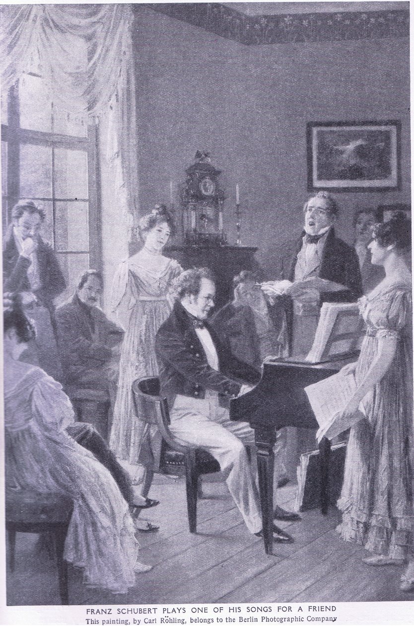 Schubert bir arkadaşı için bir şarkı çalıyor by Carl Rohling