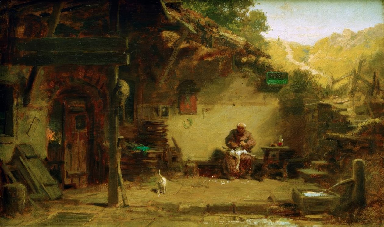 Yaşlı keşiş, inziva yerinin önünde kaz koparıyor. by Carl Spitzweg