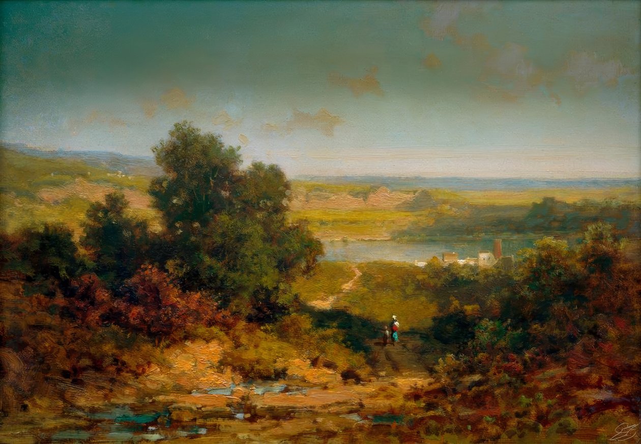 Bir köy ve bir nehir ile manzara by Carl Spitzweg