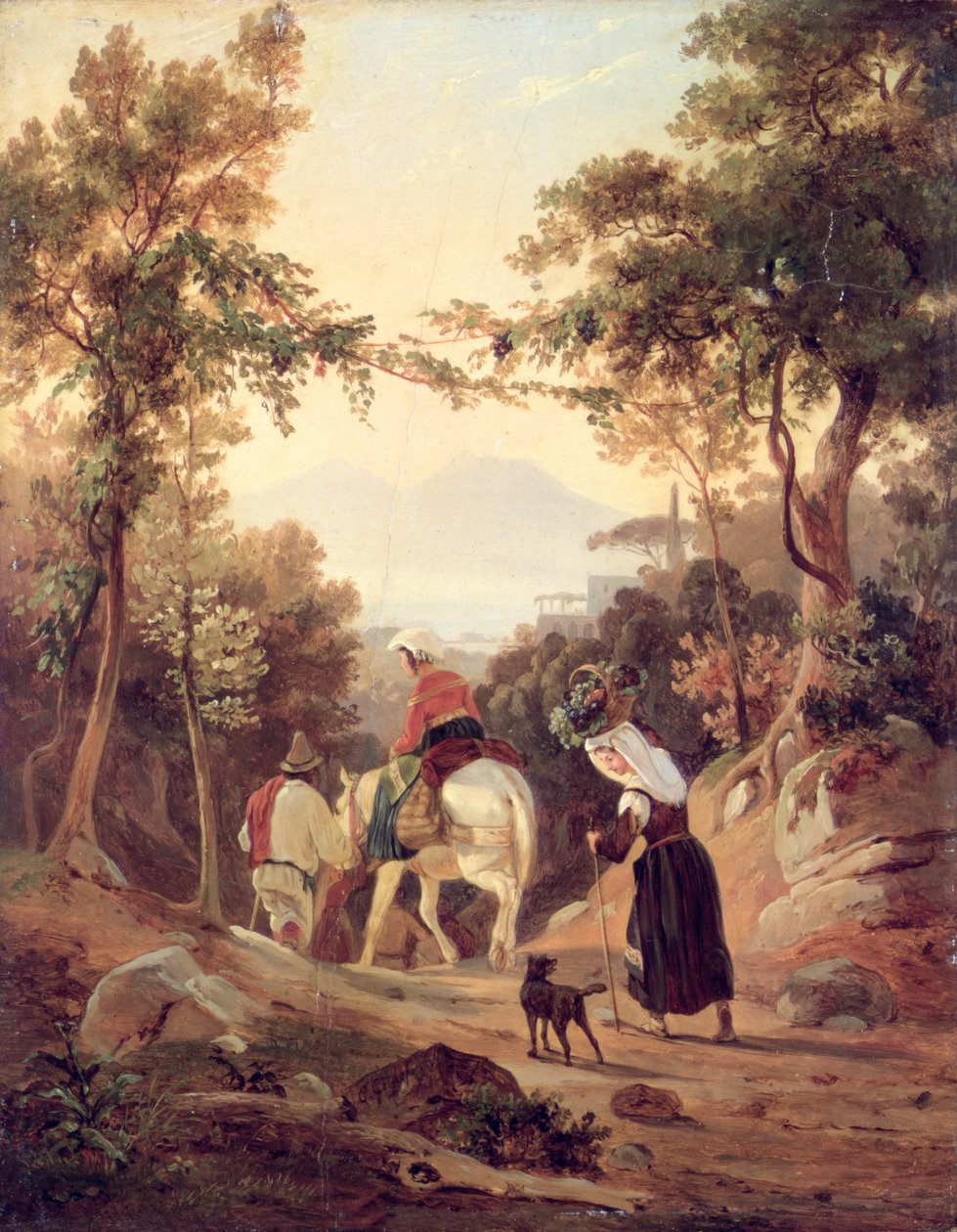 Köylülerle İtalyan Manzarası, c.1845 (tahta üzerine yağlı boya) by Carl Wilhelm Goetzloff