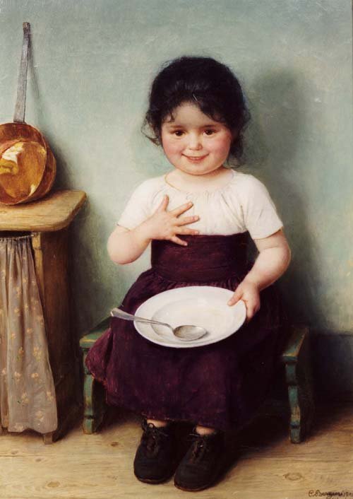 Rustik bir iç mekanda oturan küçük kızEspanol: Nina en la cocina 1904, obra de Carl von BergennFrancais: Petite fille a la cuilleren by Carl von Bergen