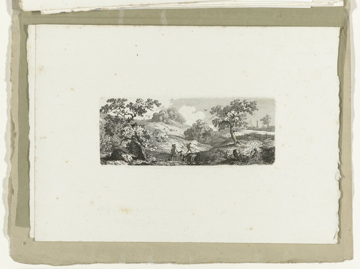 Tepelik bir arazide bir dere kenarındaki yolcular On altı manzara (dizi başlığı) by Carl August Lebschee