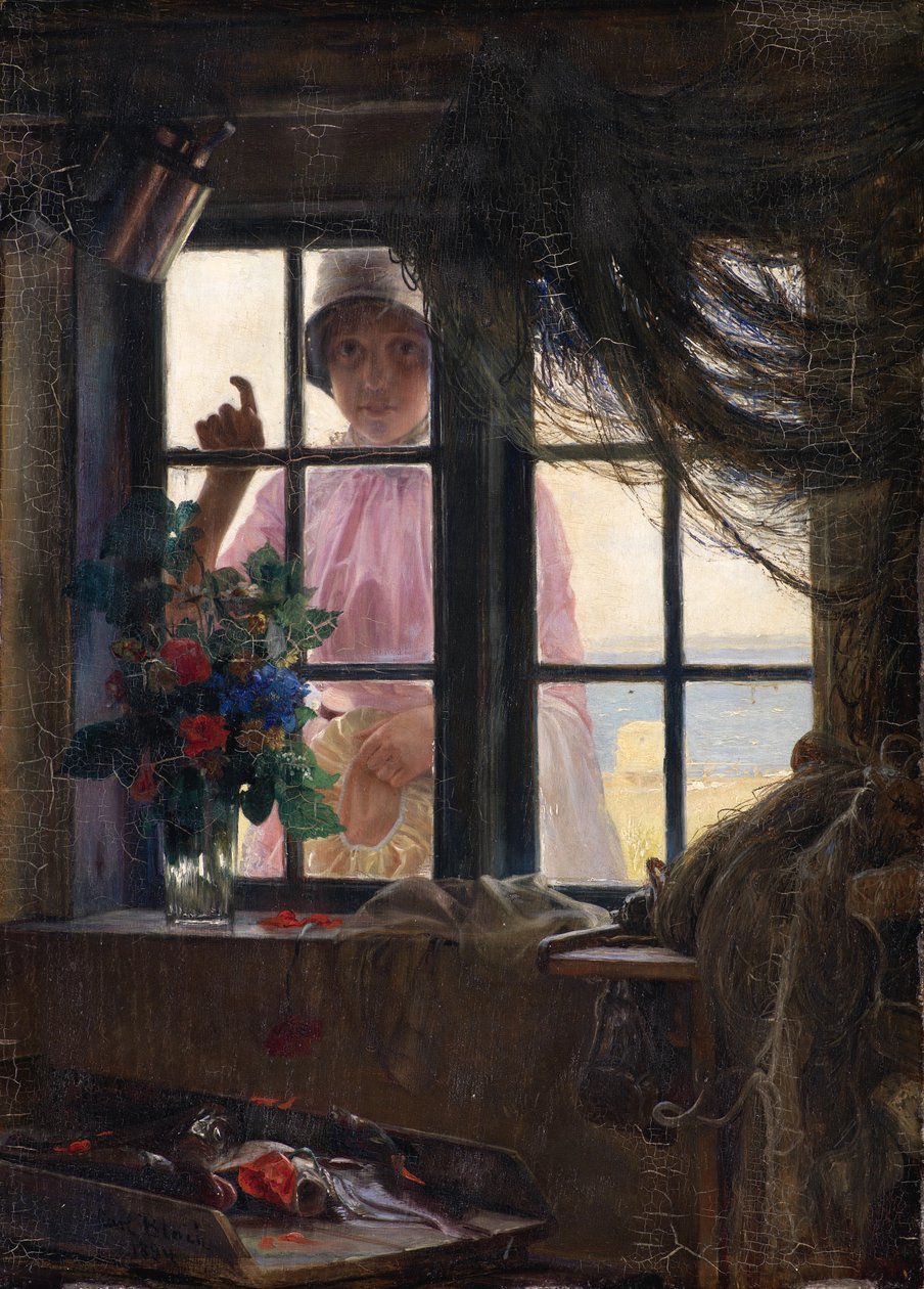 Banyodan Sonra. Balıkçının Penceresini Çalan Genç Bir Kız by Carl Bloch