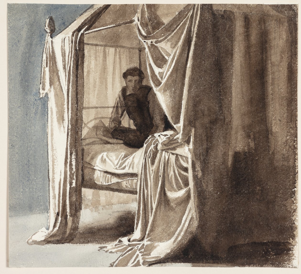 Askılı bir yatak. "Niels Ebbesen ve Kont Gert" resminin stüdyosu 1868