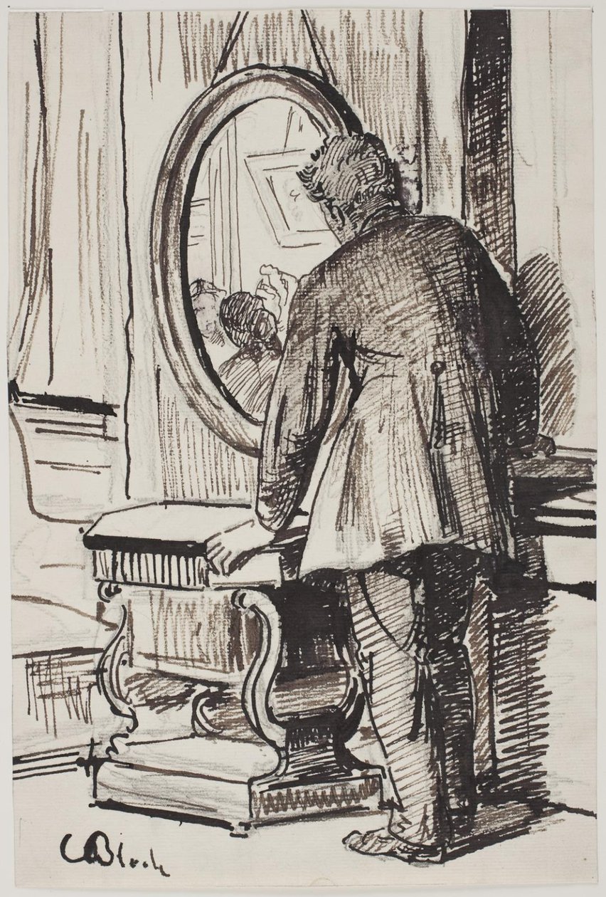 Genç bir adam aynada üç kadına bakıyor. by Carl Bloch