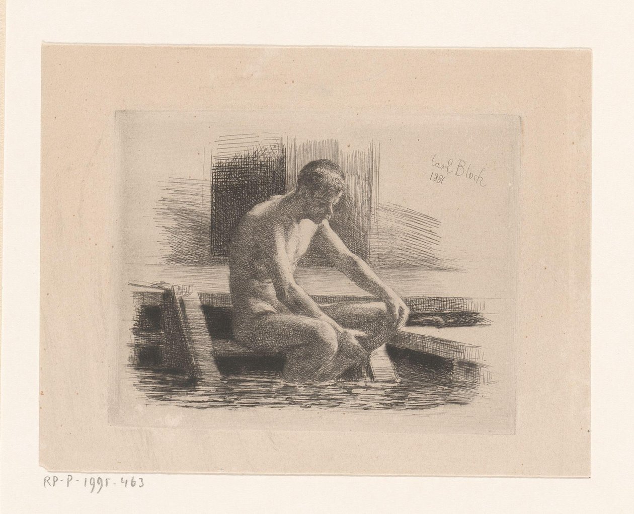 Su kenarında bir adımda oturan çıplak adam by Carl Bloch