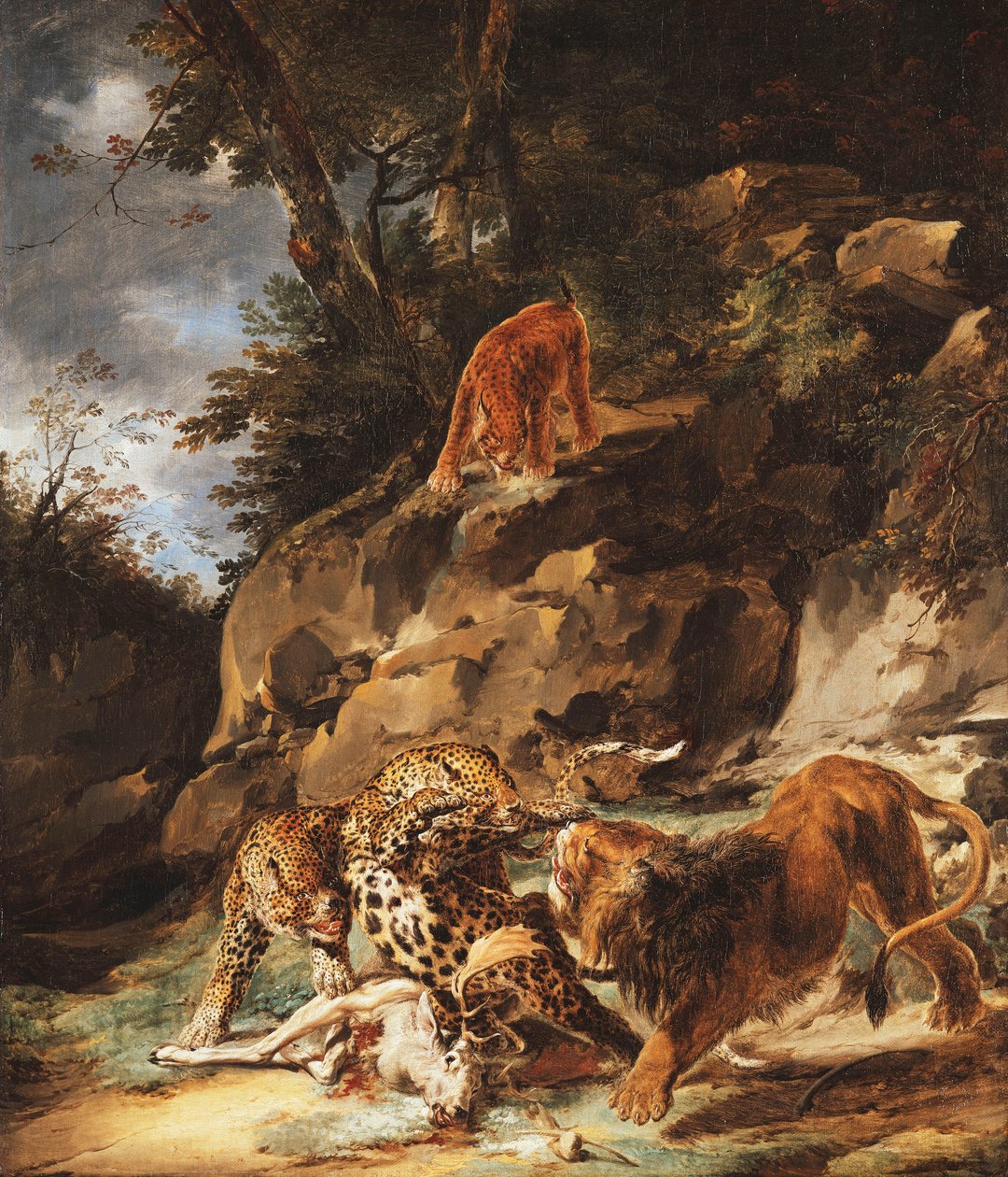 Aslan Bir Çift Leoparı Ölü Bir Geyikten Sürerken, by Carl Borromaus Andreas Ruthart