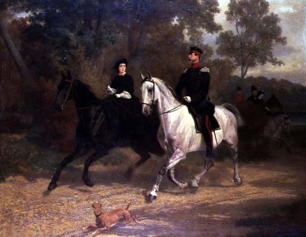 Bir Leydi ve Bir Subay, muhtemelen Veliaht Prens ve Prusya Prensesi, bir parkta sürüyorlar by Carl Constantin Steffeck