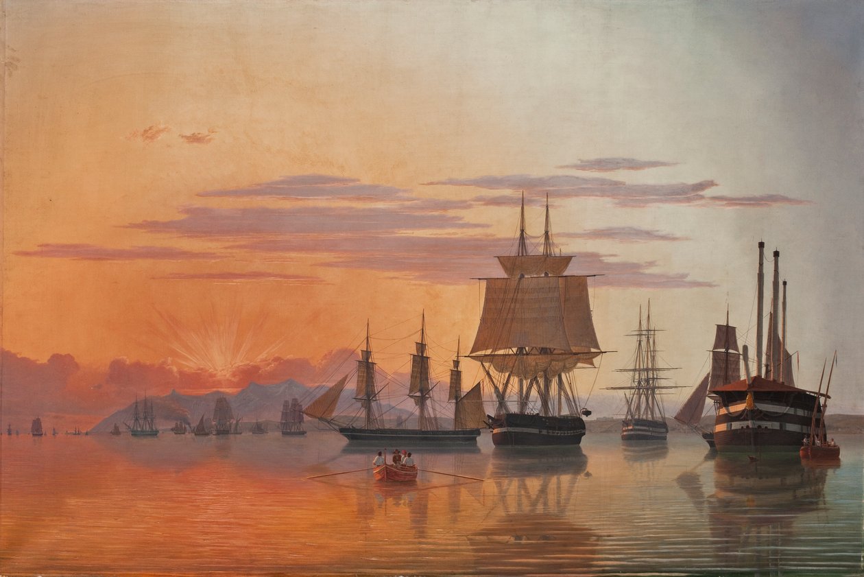 Tagus nehri üzerindeki fırkateyn Thetis ve korvet Flora, 1844. by Carl Dahl