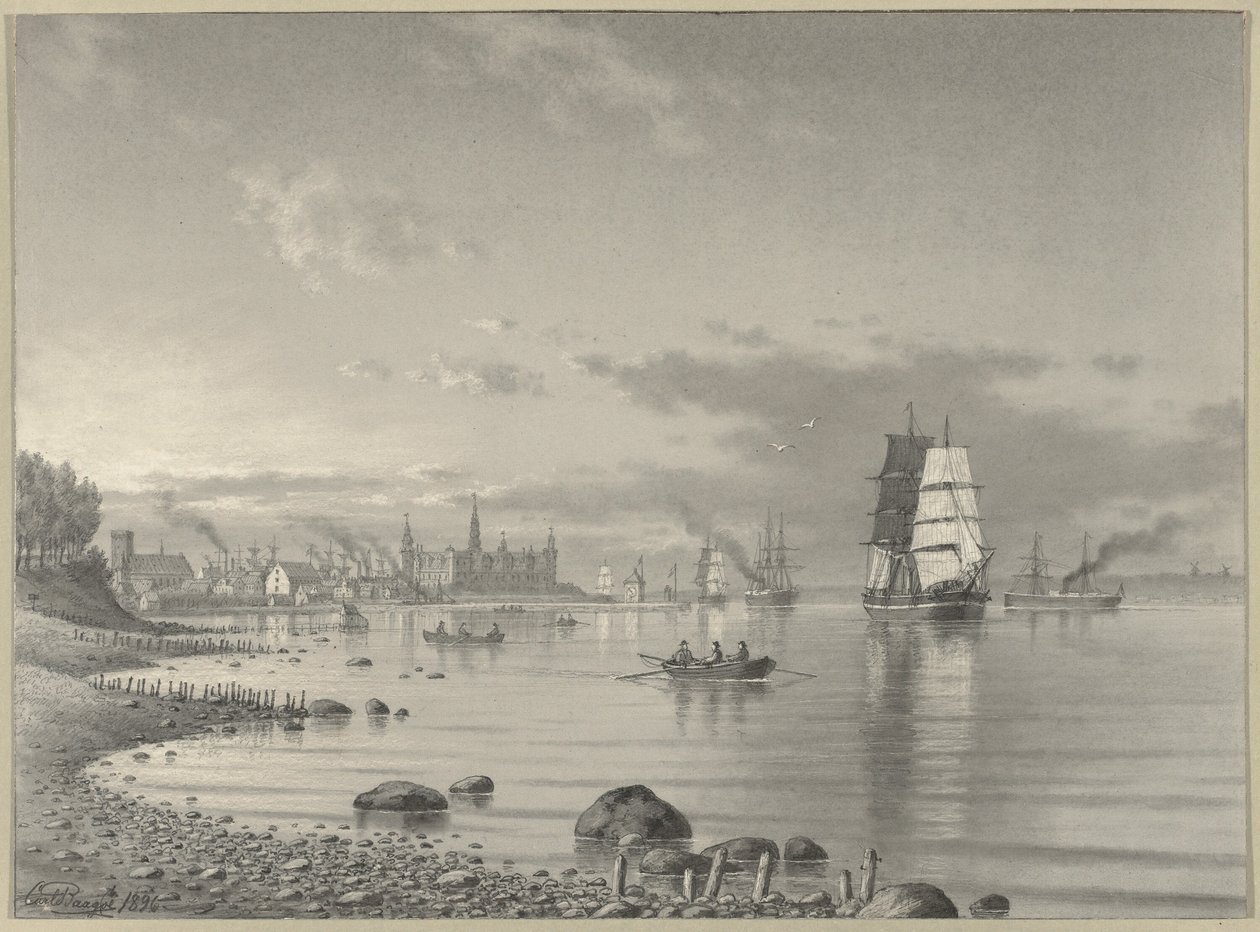 Uzakta Helsingor ve Kronborg Kalesi ile Oresund