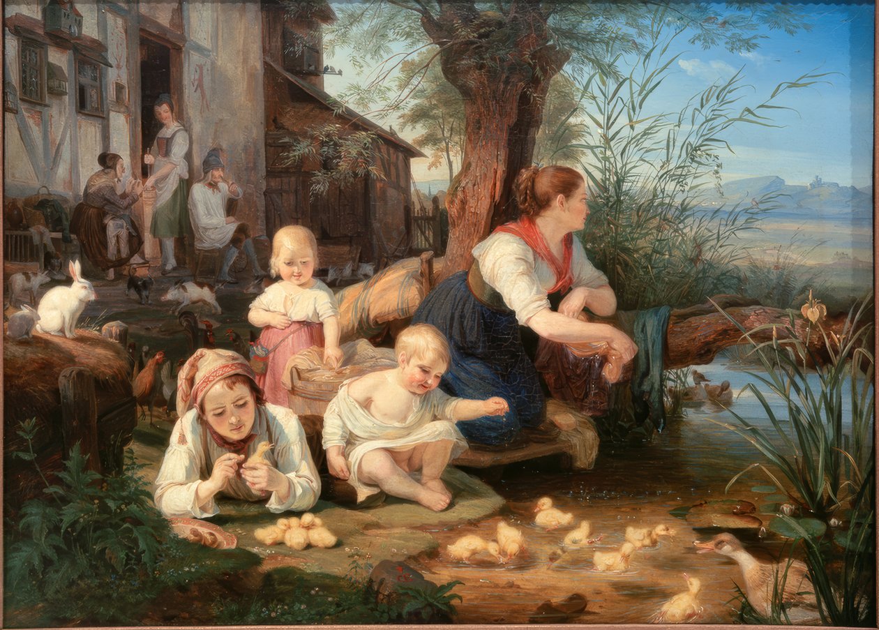 Köy göletinde çocuklu anne by Carl Engel von Rabenau