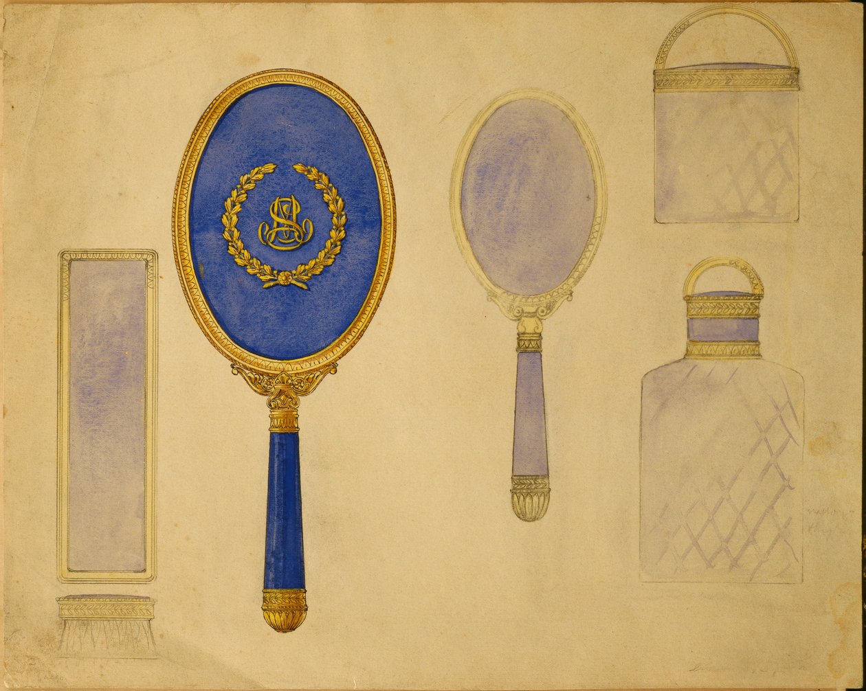 Oval bir el aynası, daha küçük bir ayna ve monte edilmiş iki şişe dahil Carl Faberge Evi