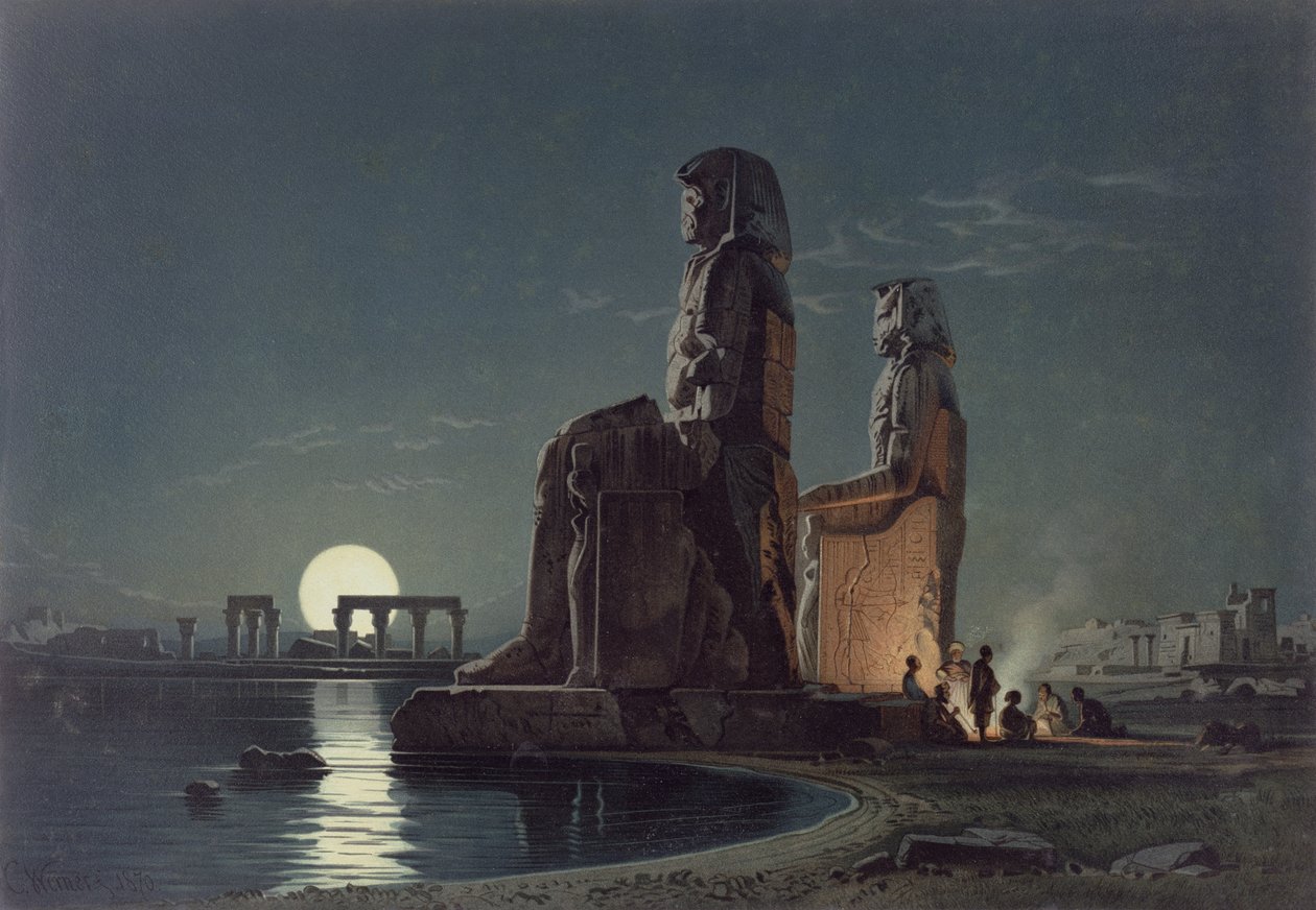 The Colossi of Memnon, Thebes, G.W. Seitz, basılmış c.1872 by Carl Friedrich Heinrich Werner