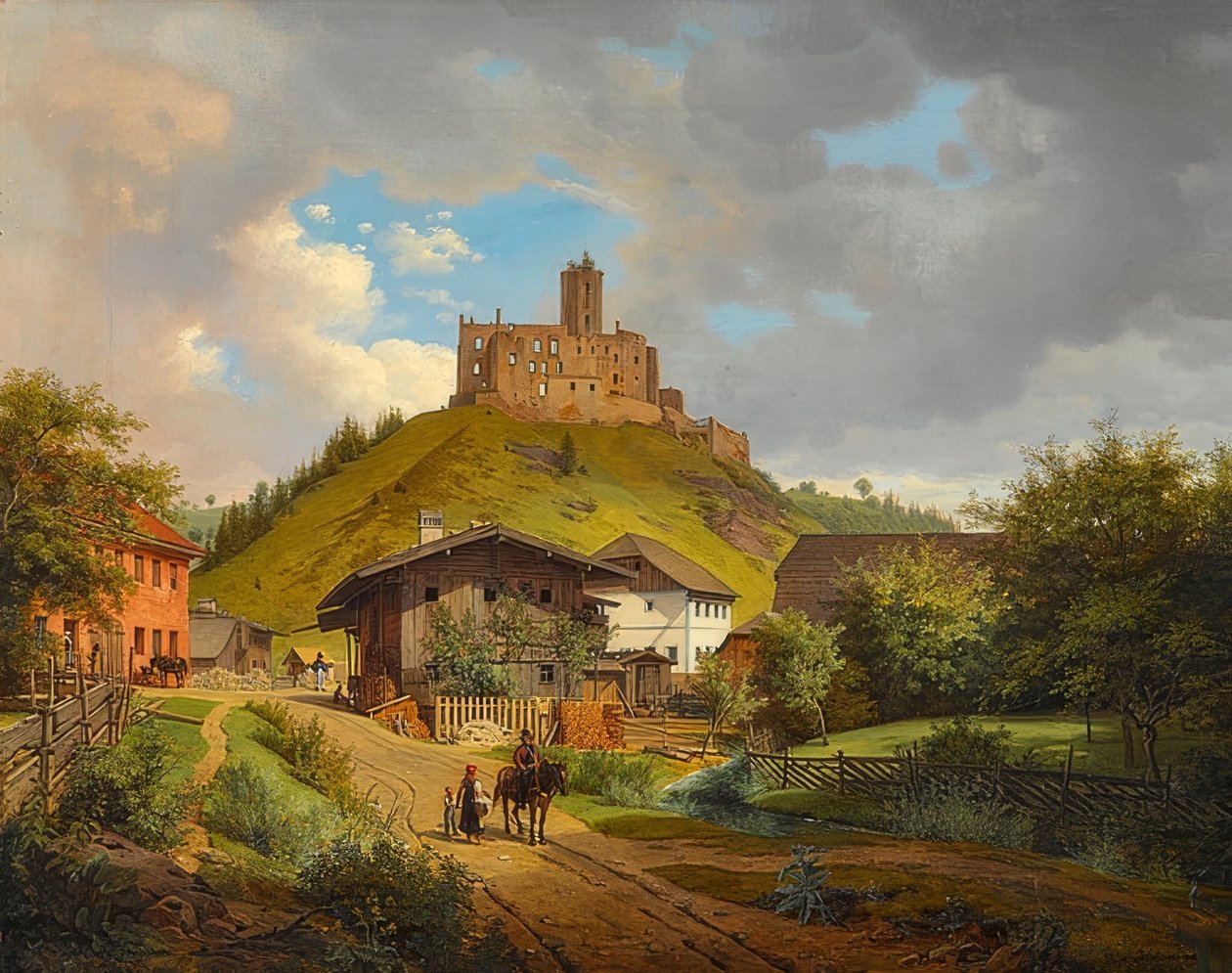 Hilgartsberg kalesi kalıntıları ve Tuna Nehri üzerindeki Hofmark manzarası. 1829 by Carl Friedrich Heinzmann
