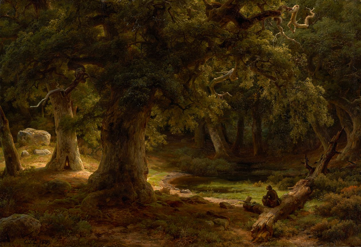 Dinlenme avcısı ile meşe ormanı by Carl Friedrich Lessing