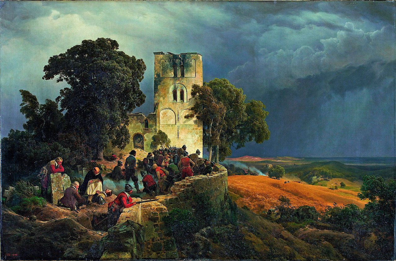 "Kuşatma"" Otuz Yıl Savaşları Sırasında Bir Kilisenin Savunması (1618-1648) (Kuşatma (Otuz Yıl Savaşları Sırasında Bir Kilise Avlusunun Savunması) Tablosu Carl Friedrich Lessing (1808-1880) 1848 Soluk 116x177 cm Kunstpalast Müzesi, Düsseldorf by Carl Friedrich Lessing