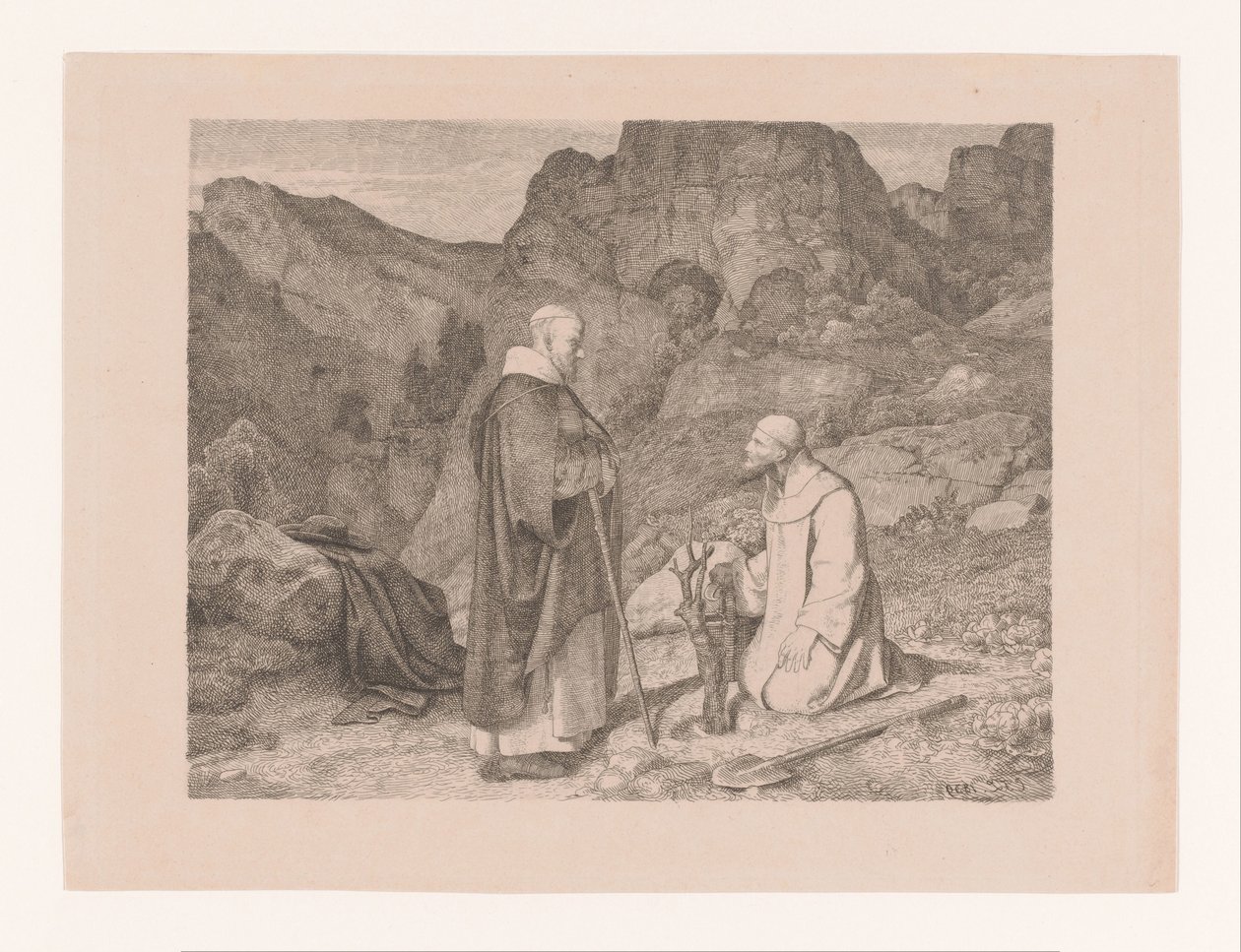 Bir dağ manzarasında budanmış bir ağacın yanında iki keşiş by Carl Friedrich Lessing