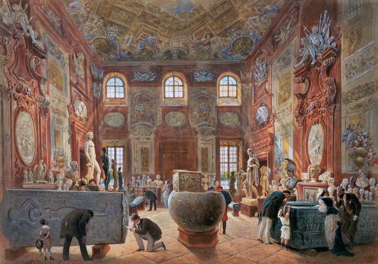 Eski eserler koleksiyonundan heykellerle Aşağı Belvedere'nin büyük mermer salonu by Carl Goebel d. J.