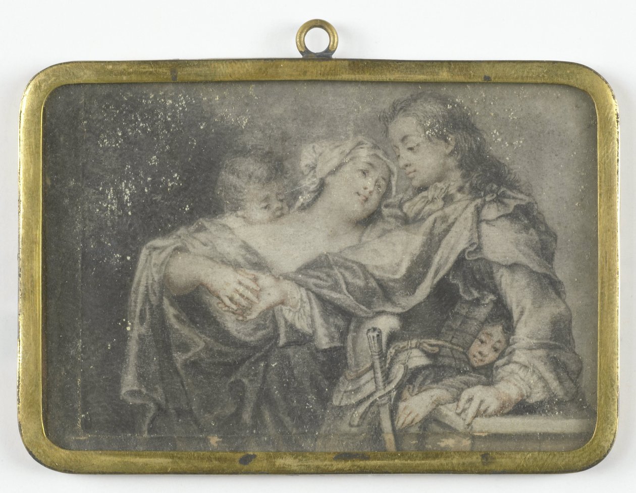 Genç bir kadın, çocuklarından biri onu soyarken bir savaşçının dikkatini dağıtıyor. by Carl Gustav Klingstedt (attributed to)