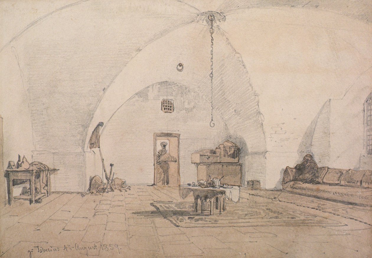 An interior on Tiberias, 1859 (pencil and wash on paper) by Carl Haag