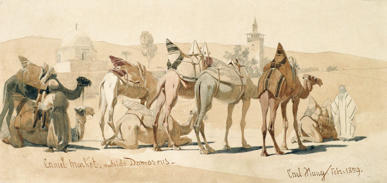 Şam Dışındaki Deve Pazarı, 1859 (kalem ve kağıt üzerinde yıkama) by Carl Haag