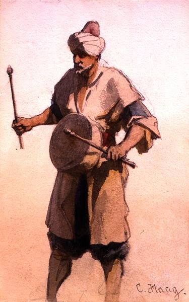 Evlilik Töreninde Davul Çırpıcı, Kahire (kağıt üzerine suluboya) by Carl Haag