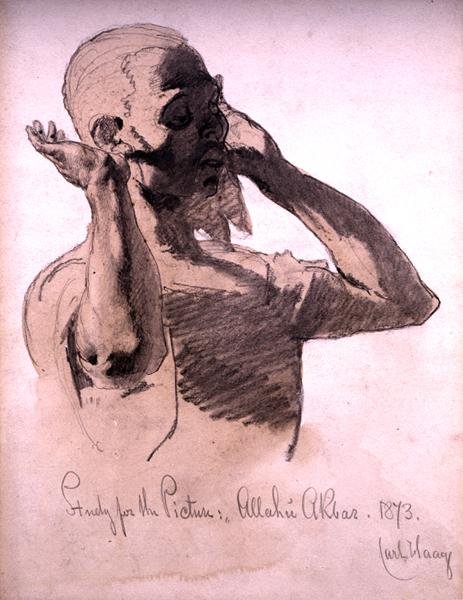 Figür Dua, resim için bir çalışma, Allahu Ekber, 1873 (kağıt üzerine kurşun kalem ve sulu boya yıkama) by Carl Haag