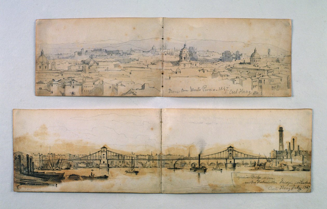 Hungerford Asma Köprüsü ve Monte Pineio, 1847 (kalem ve kağıt üzerinde yıkama) by Carl Haag