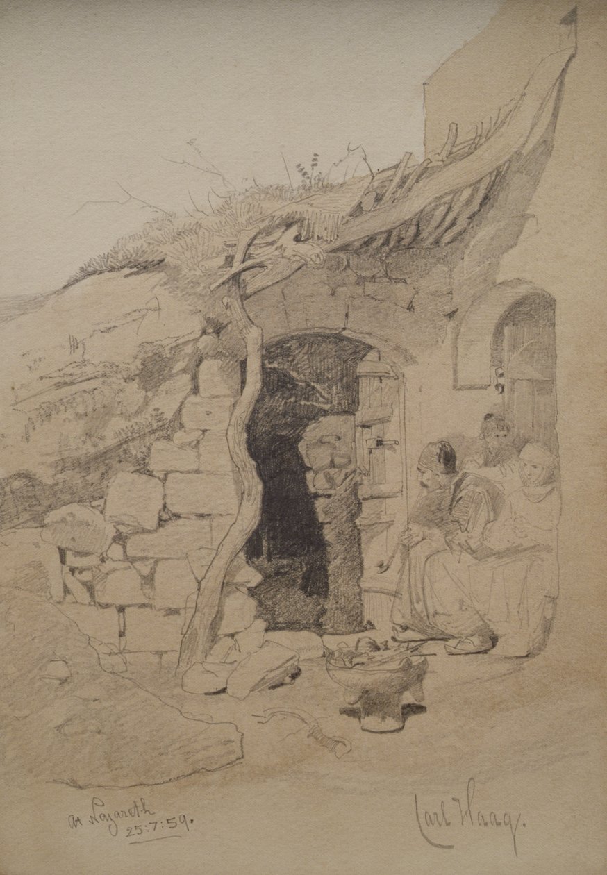 Bir evin dışında oturan üç figür, Nasıra, 1859 (kalem ve kağıt üzerinde yıkama) by Carl Haag