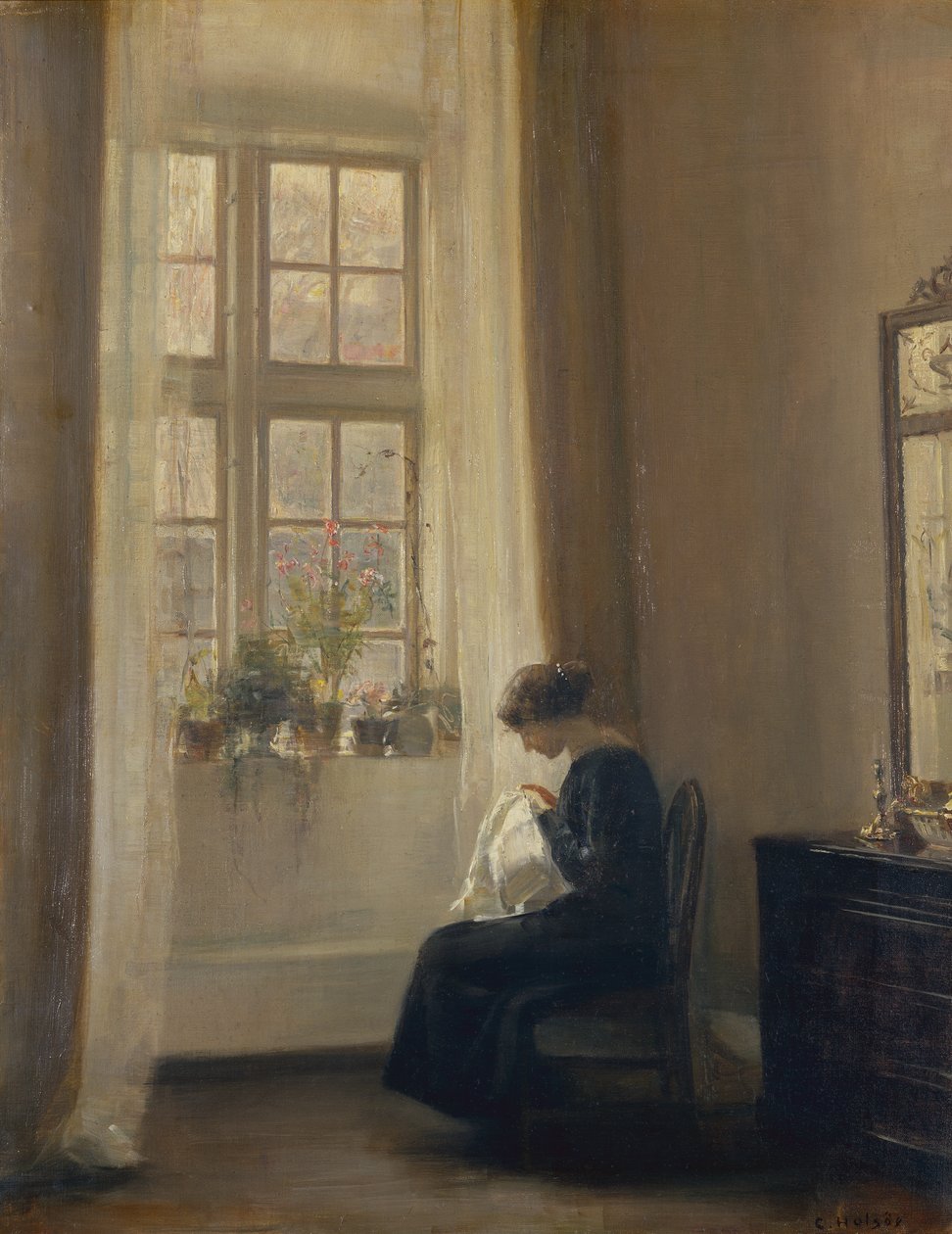 İç Mekanda Dikiş Yapan Kız (tuval üzerine yağlı boya) by Carl Holsoe