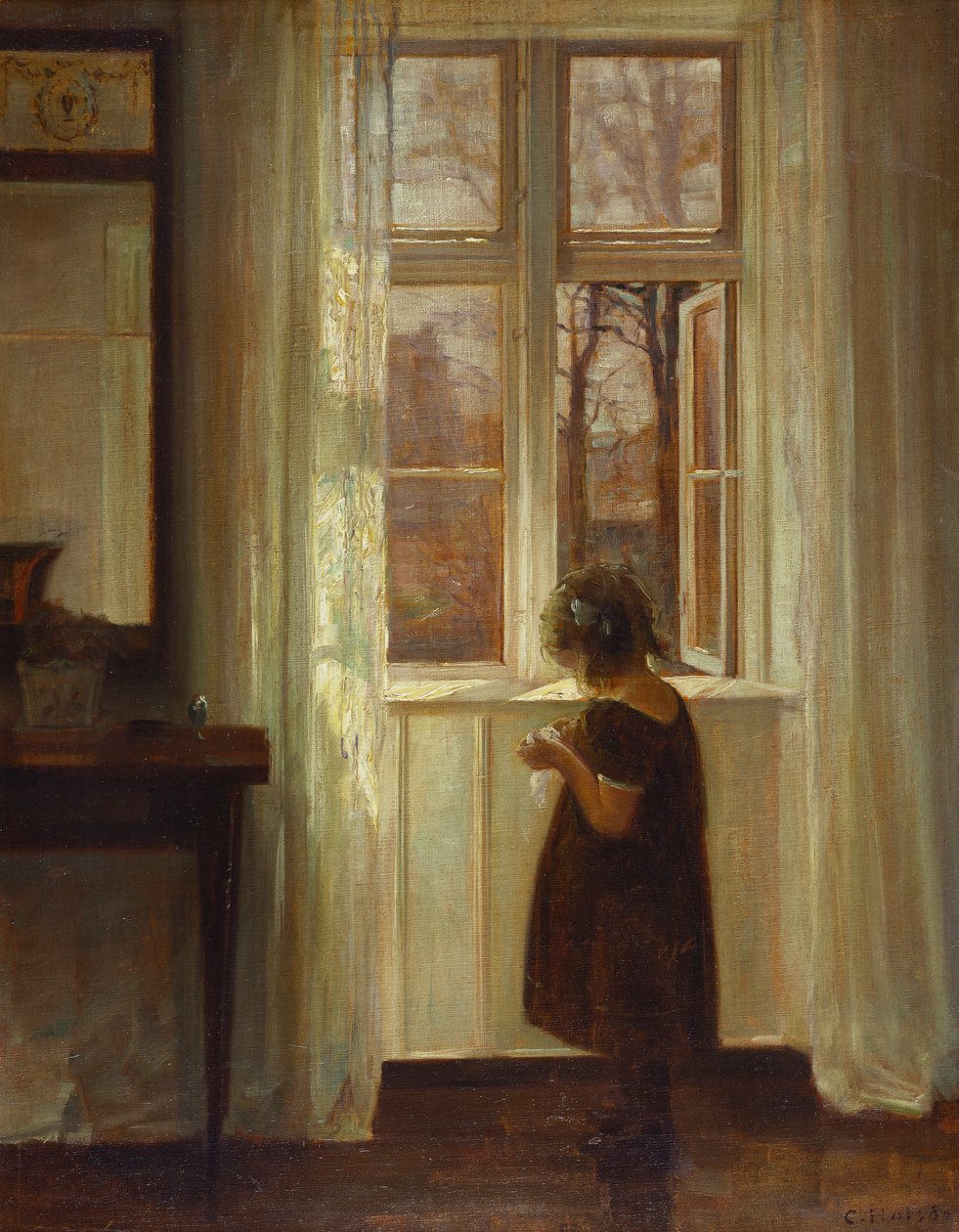 Pencerenin Önünde Duran Bir Kız (tuval üzerine yağlı boya) by Carl Holsoe