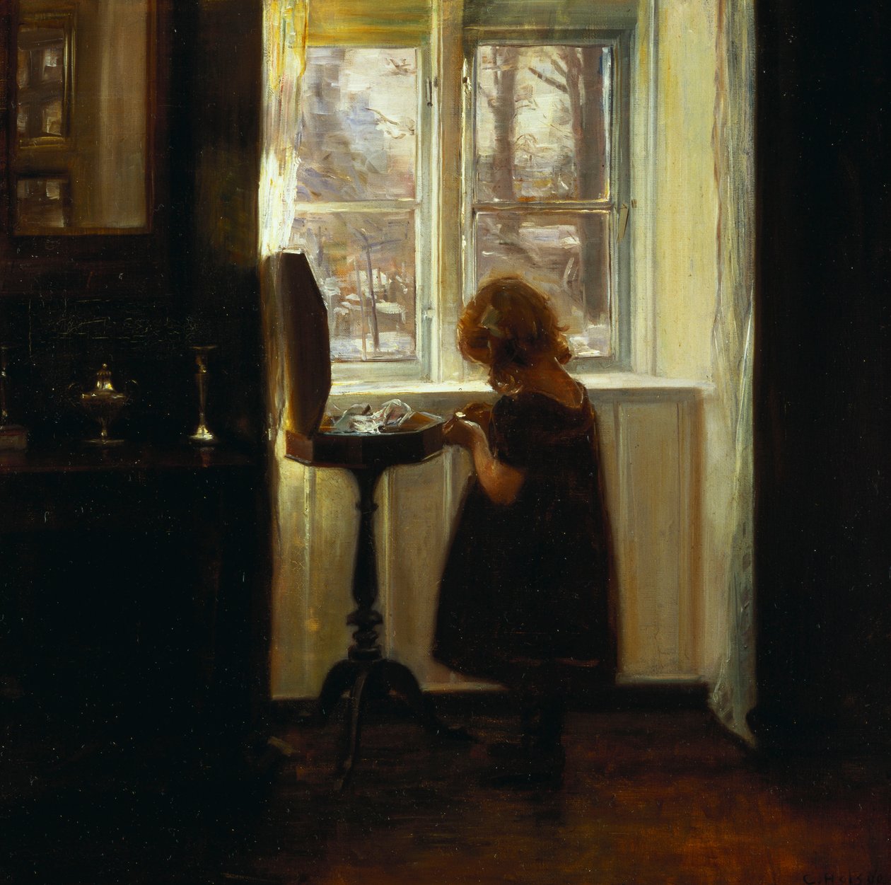 Dikiş Masasının Yanında Duran Kız (tuval üzerine yağlı boya) by Carl Holsoe