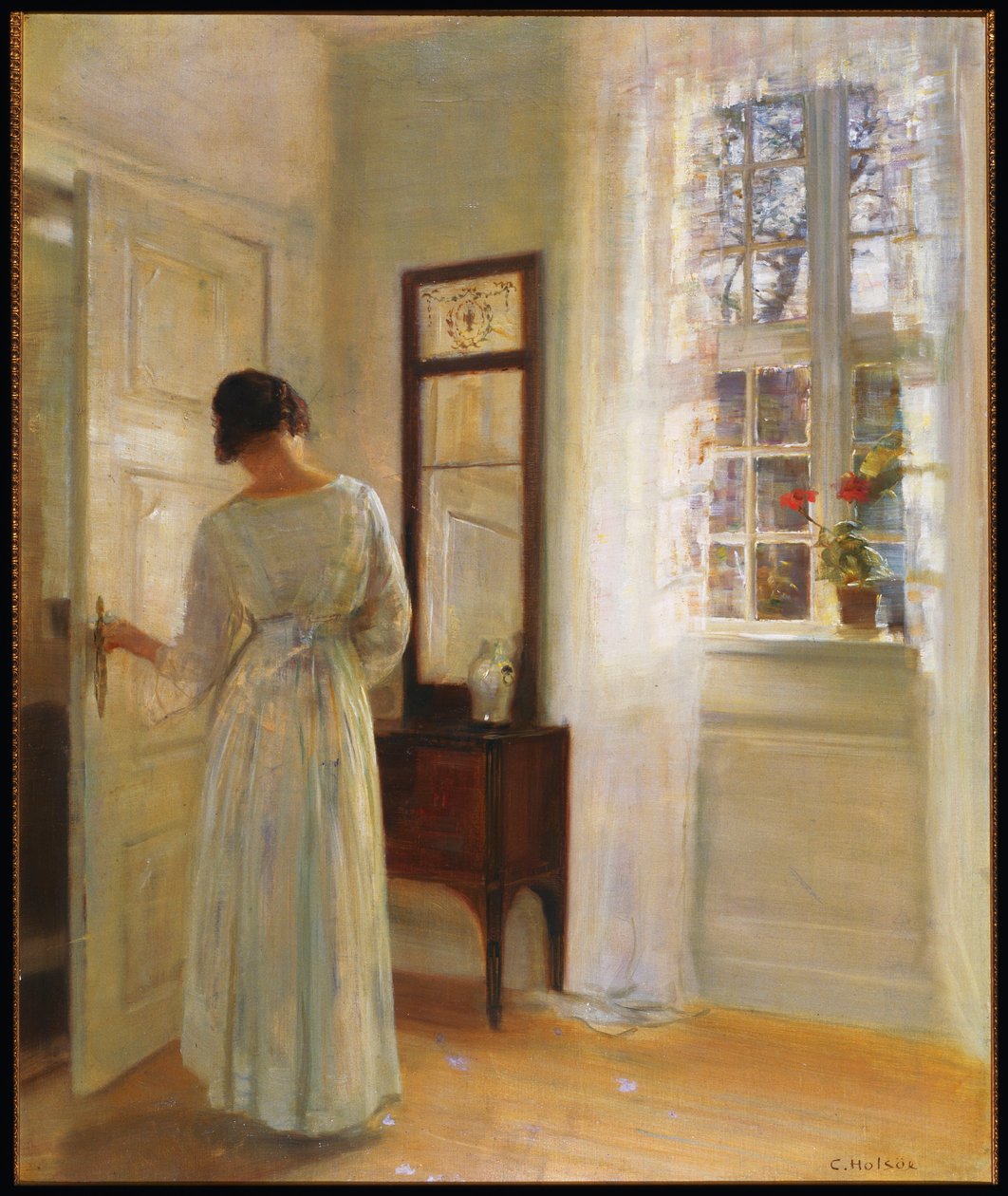 Açık Kapıdan Aynaya Bakan Kadın (tuval üzerine yağlı boya) by Carl Holsoe