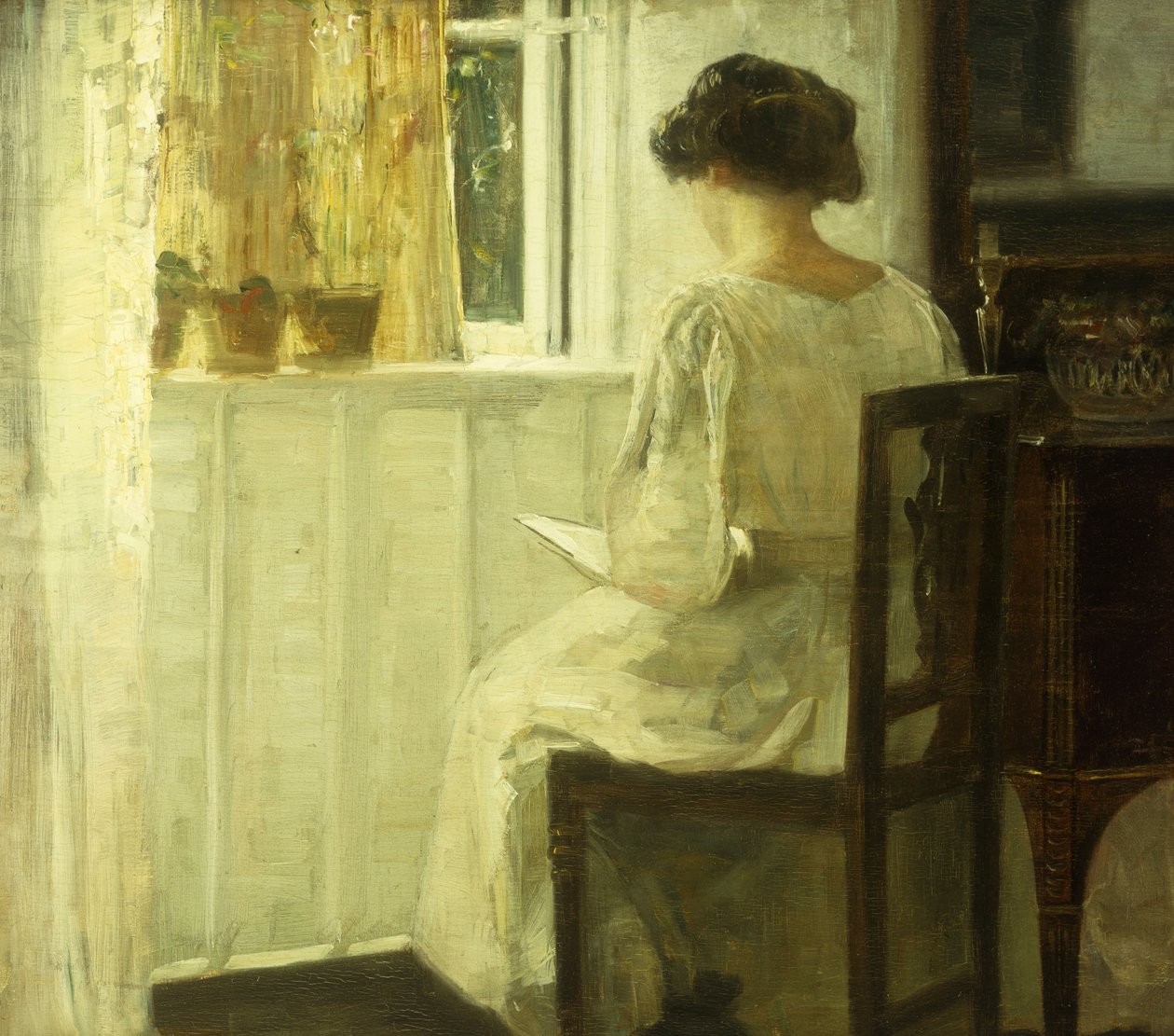 Güneşli Bir İç Mekanda Okuyan Bir Kadın (panelde yağlı boya) by Carl Holsoe