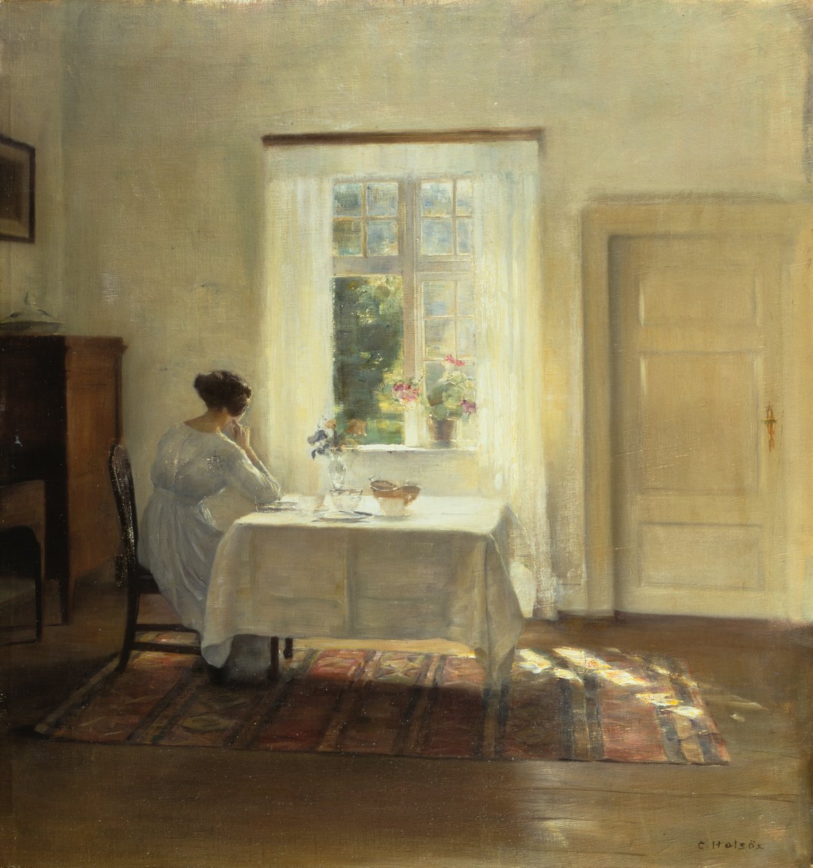 Pencere Önünde Masada Oturan Kadın, 1900 dolayları (tuval üzerine yağlı boya) by Carl Holsoe