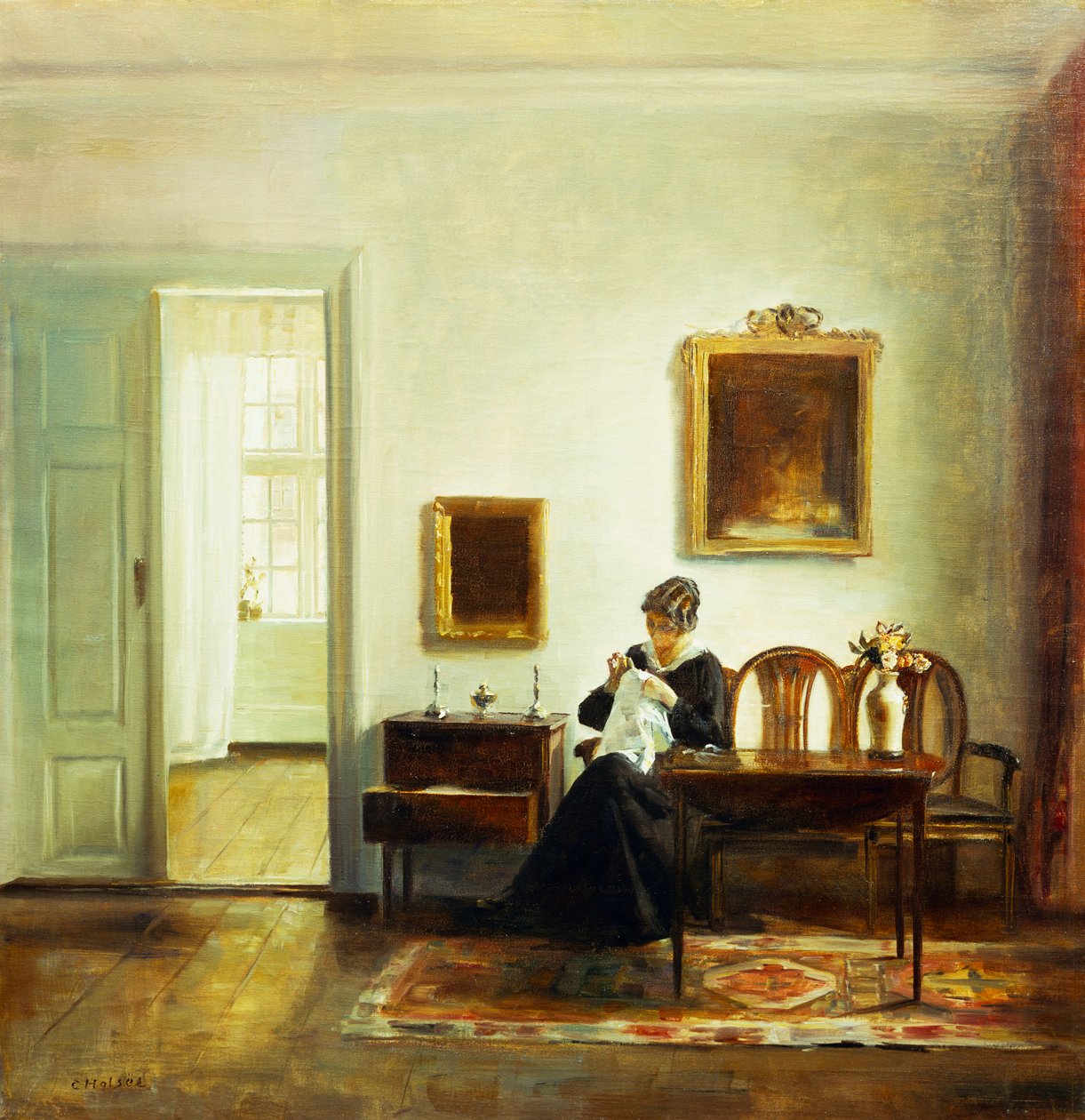 İç Mekanda Dikiş Yapan Kadın (tuval üzerine yağlı boya) by Carl Holsoe