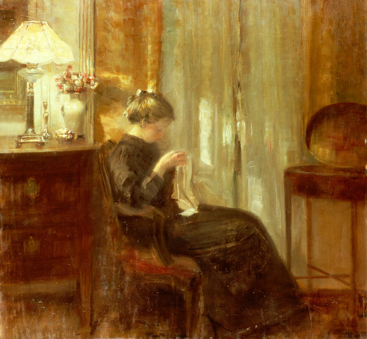 İç Mekanda Dikiş Yapan Kadın (panelde yağlı boya) by Carl Holsoe