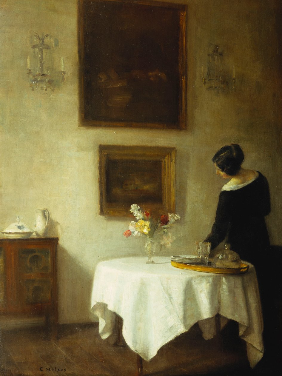 Yemek Masasında Bir Kadın (tuval üzerine yağlı boya) by Carl Holsoe