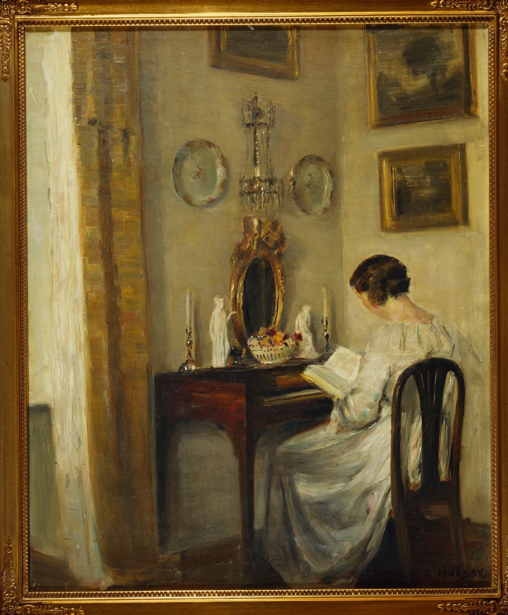 Masada Kitap Okuyan Bir Kızla Bir İç Mekan (tuval üzerine yağlı boya) by Carl Holsoe