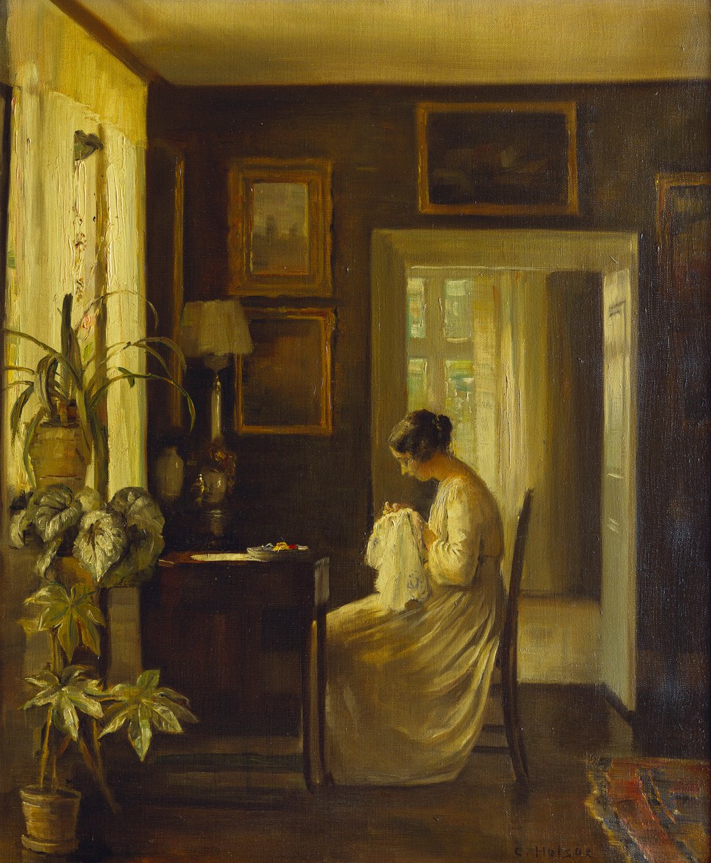 Kadın Dikişli Bir İç Mekan (tuval üzerine yağlı boya) by Carl Holsoe