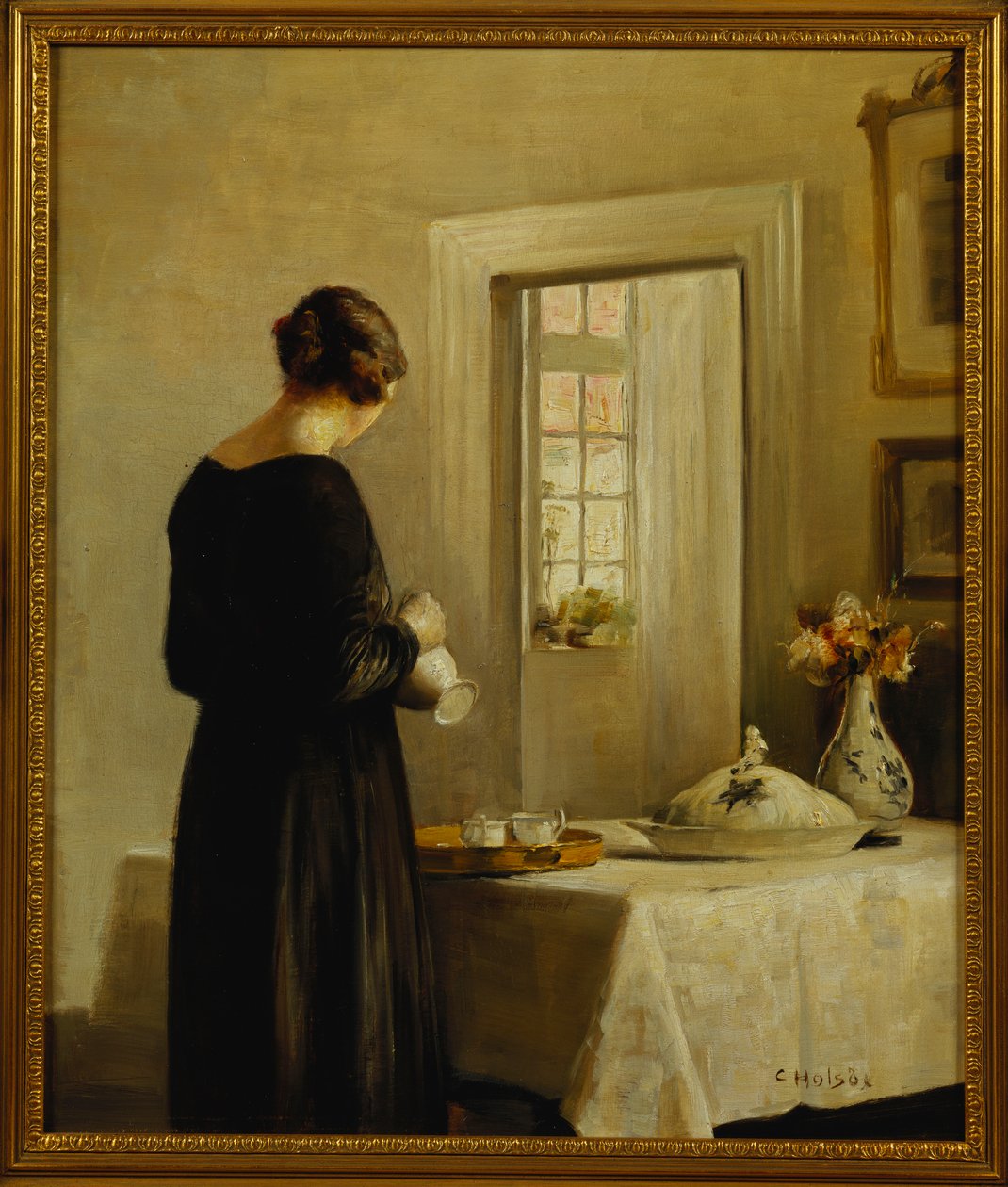Masada Kadınla Bir İç Mekan (tuval üzerine yağlı boya) by Carl Holsoe