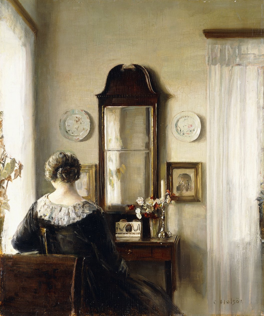Pencerenin Yanında Oturan Bir Kadınla İç Mekan by Carl Holsoe