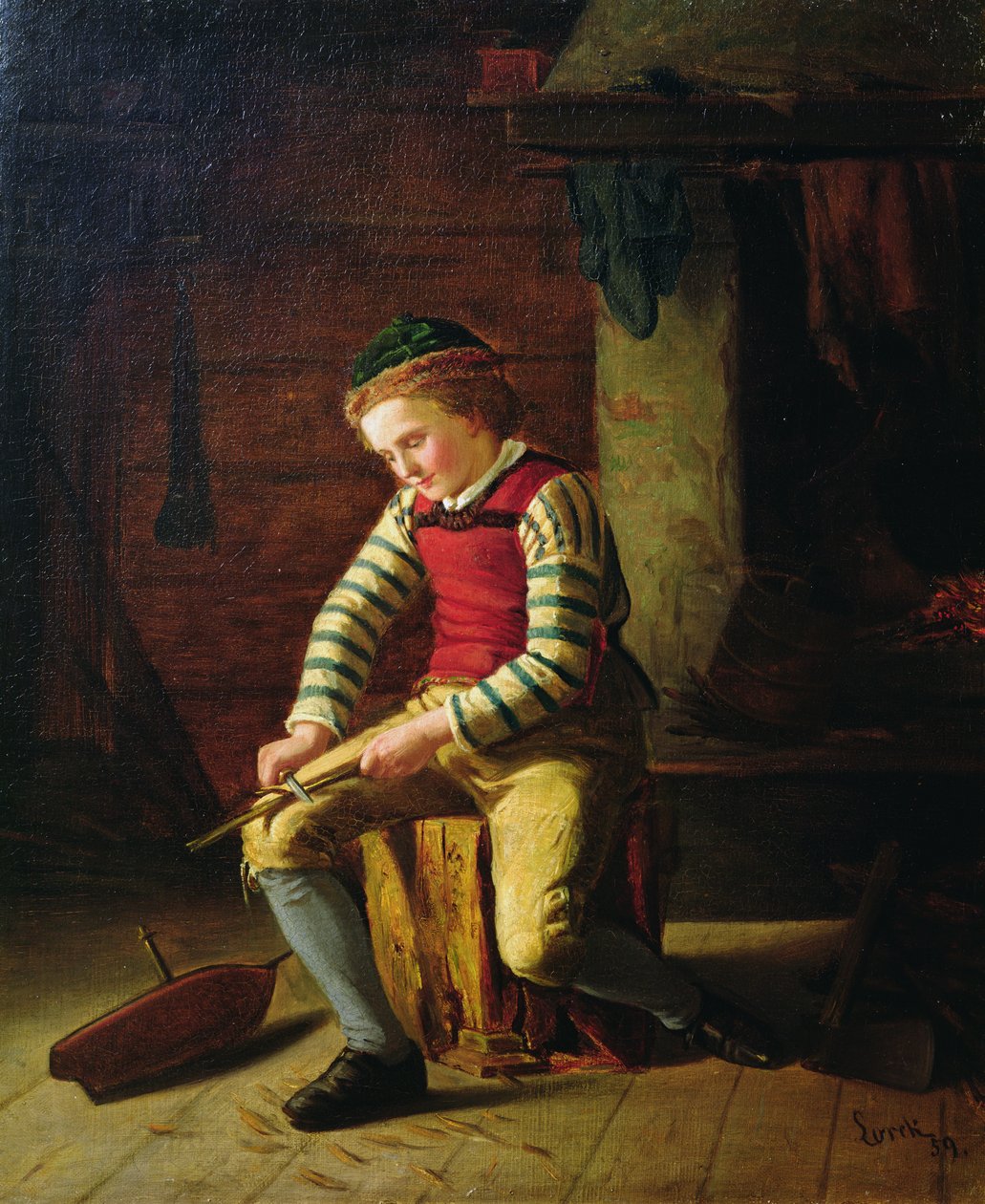 Ahşap bir tekne yapan çocuk by Carl Julius Lorck