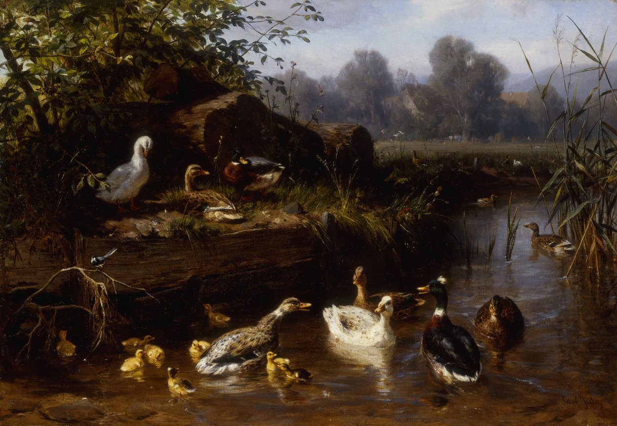 Bir Derede Ördekler ve Ördek Yavruları, by Carl Jutz