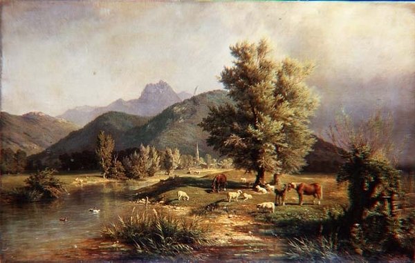 Atlar ve Koyunlarla Dağlık Ormanlık Peyzaj by Carl Jutz