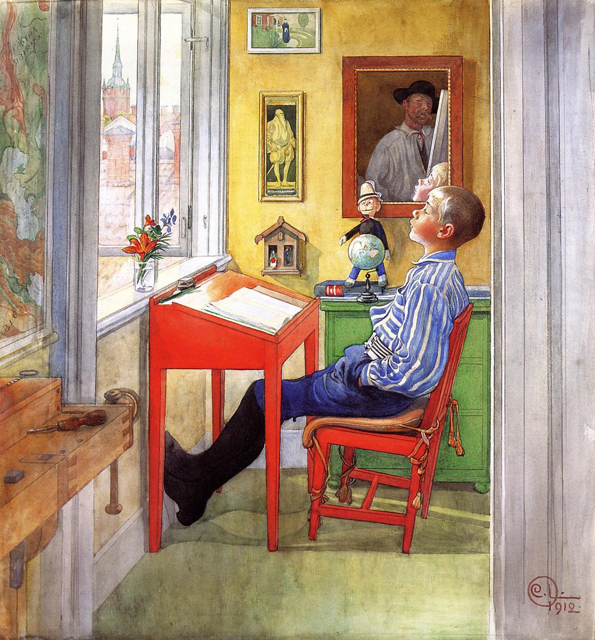 Esbjorn Ödevini Yapıyor, 1912 (tuval üzerine kağıt üzerine guaj ve kurşun kalem) by Carl Larsson