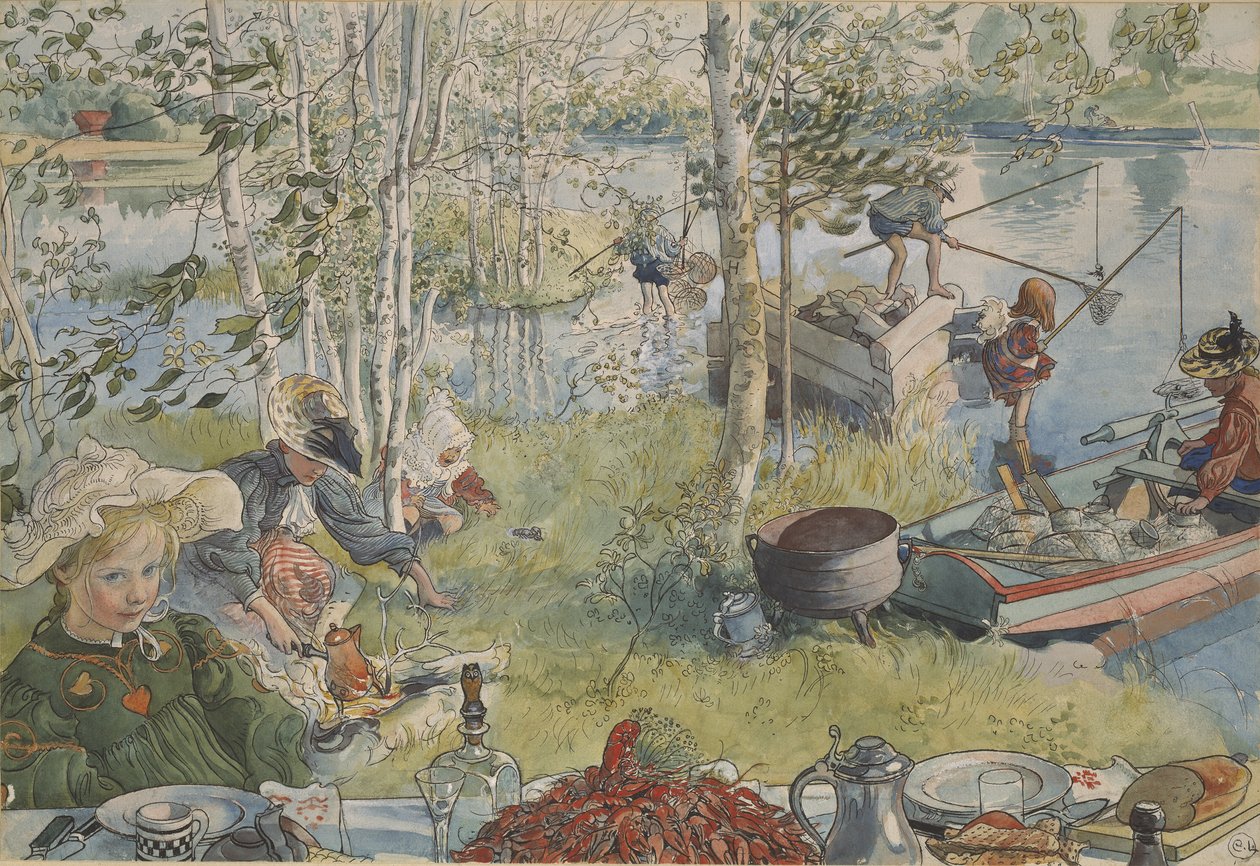 La peche aux ecrevisses - Kerevit, Larsson, Carl (1853-1919). Kağıt üzerinde akrilik renkler. Boyut : 32x43 cm. Ulusal Müze Stockholm by Carl Larsson