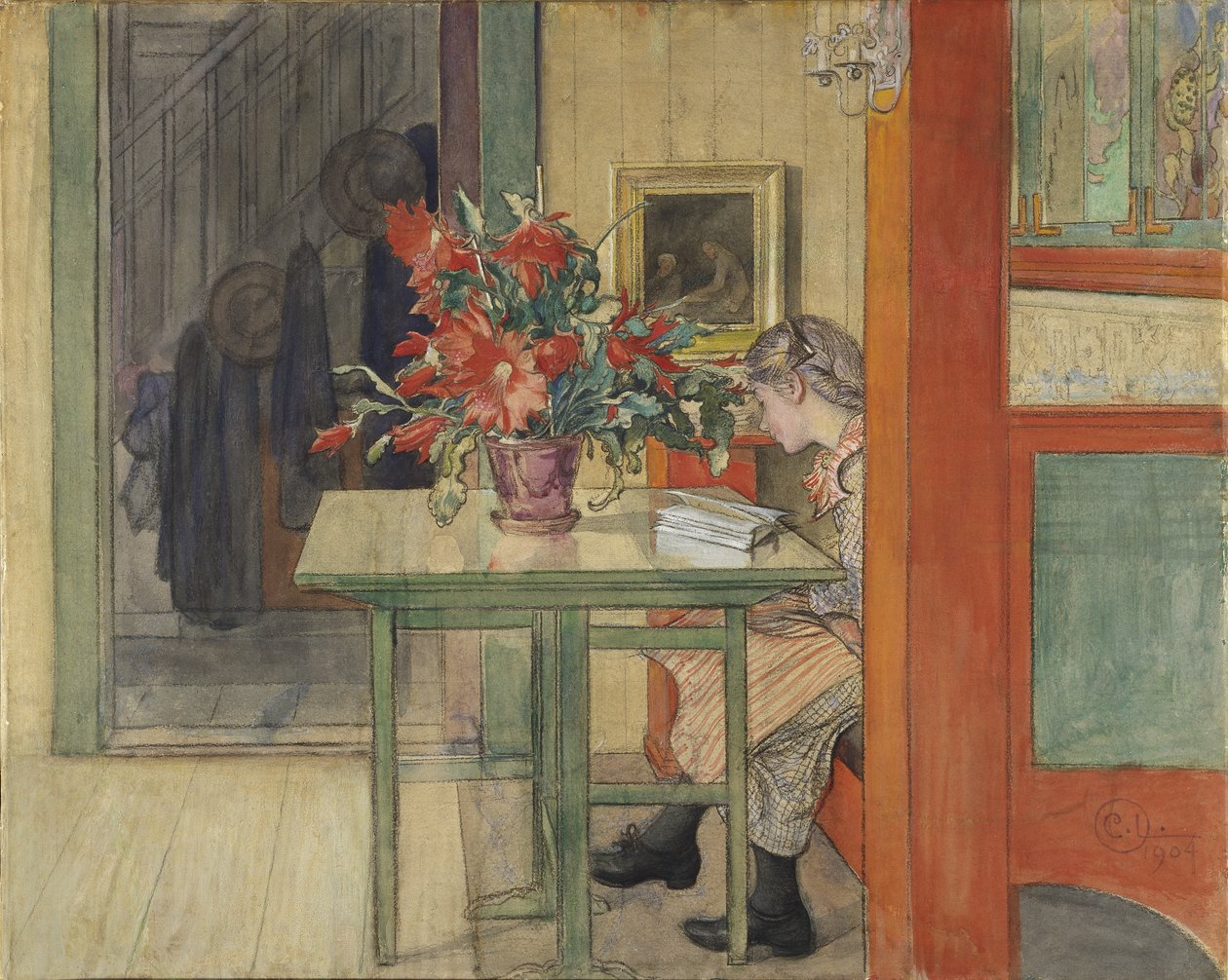 Lisbeth Reading (kağıt üzerinde temperalı wc) by Carl Larsson