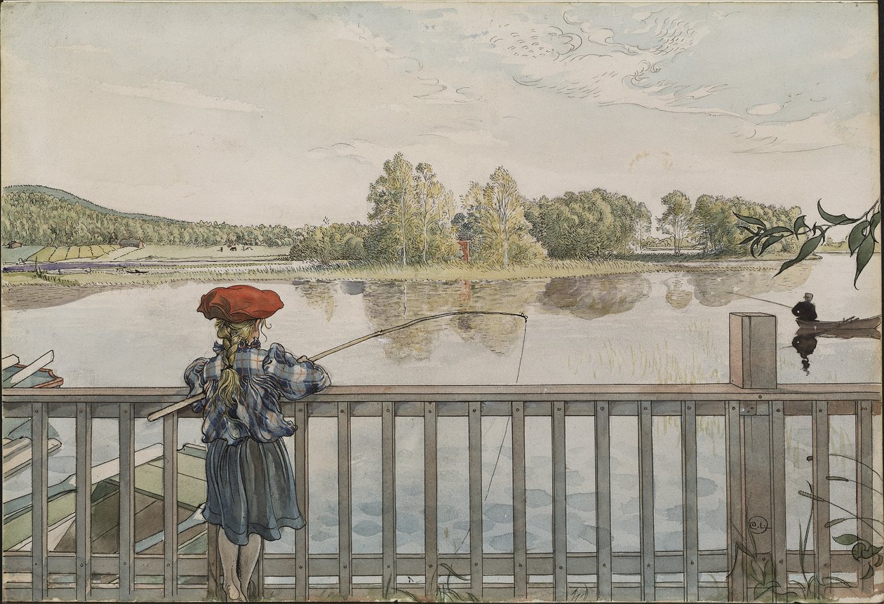 Lisbeth a la peche a la ligne - Lisbeth Angling, Larsson, Carl (1853-1919). Kağıt üzerine sulu boya ve tempera. Boyut : 32x43 cm. Ulusal Müze Stockholm by Carl Larsson
