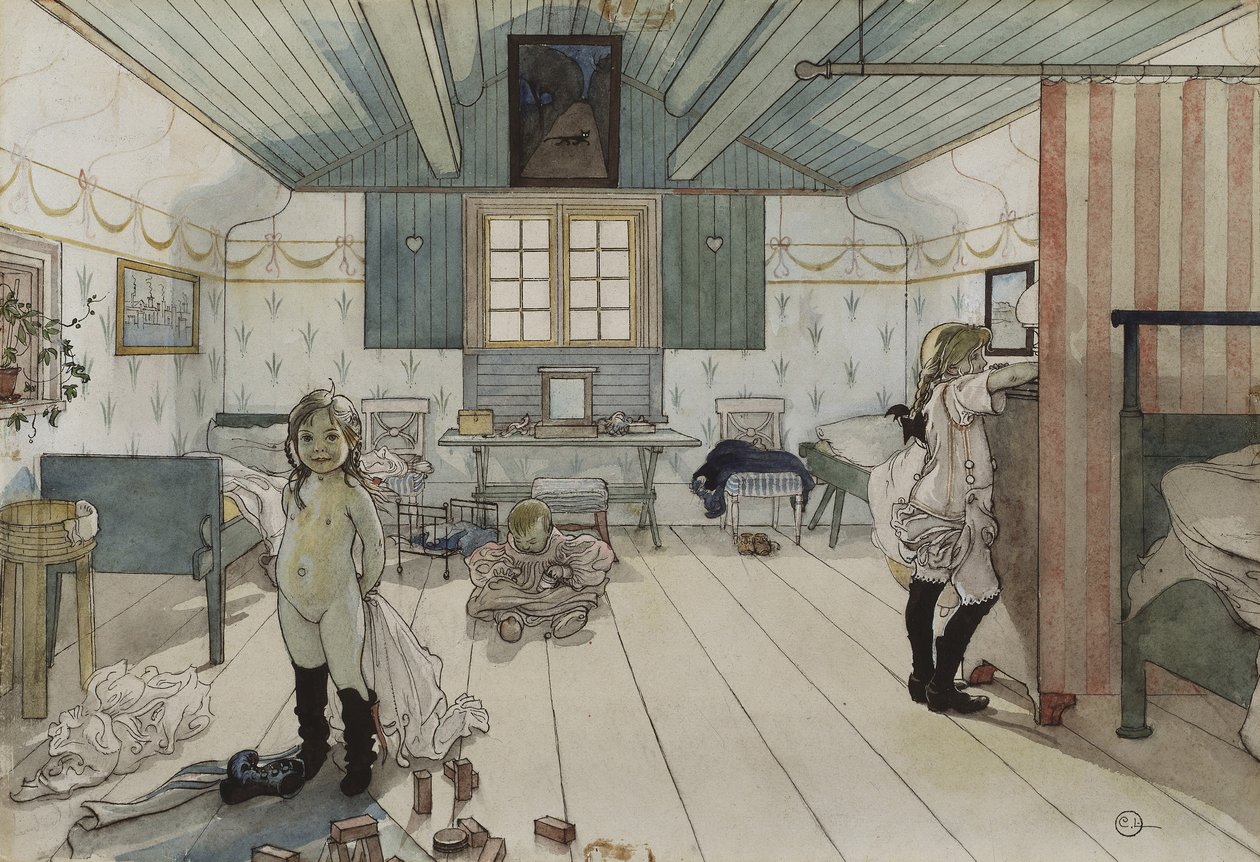 Anneler ve Küçük Kızlar Odası, Bir Ev serisinden, c.1895 (kağıt üzerinde wc) by Carl Larsson